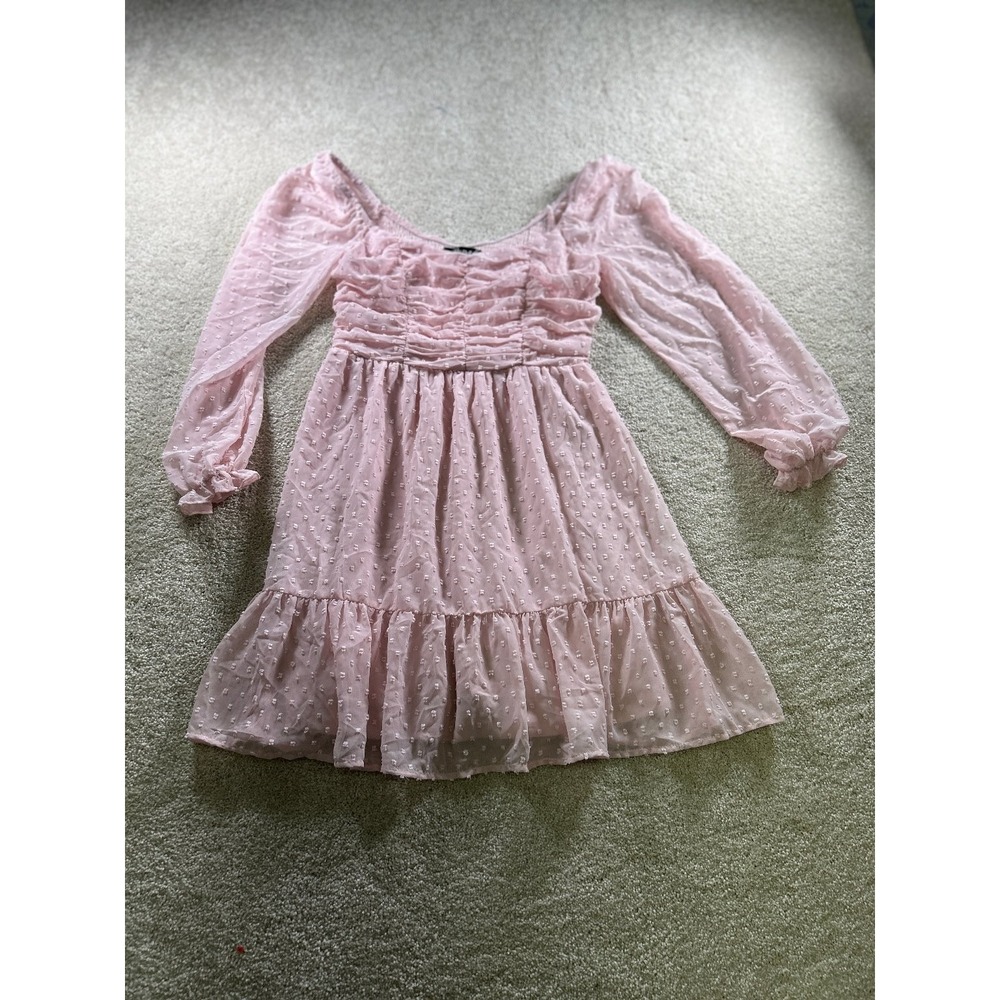 Midnight Doll Womens Pink Swiss Dot Long‎ Sleeve Mini Dress S Milkmaid Coquette